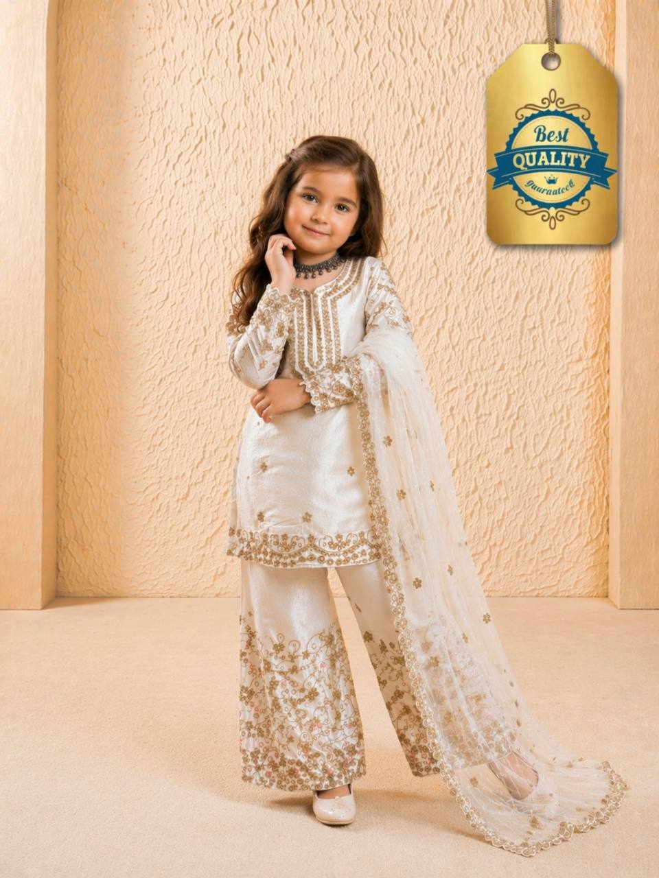 Evanik White Designer Party Wear Heavy Silk Kids Top Sharara & Dupatta Set | Grocsy
