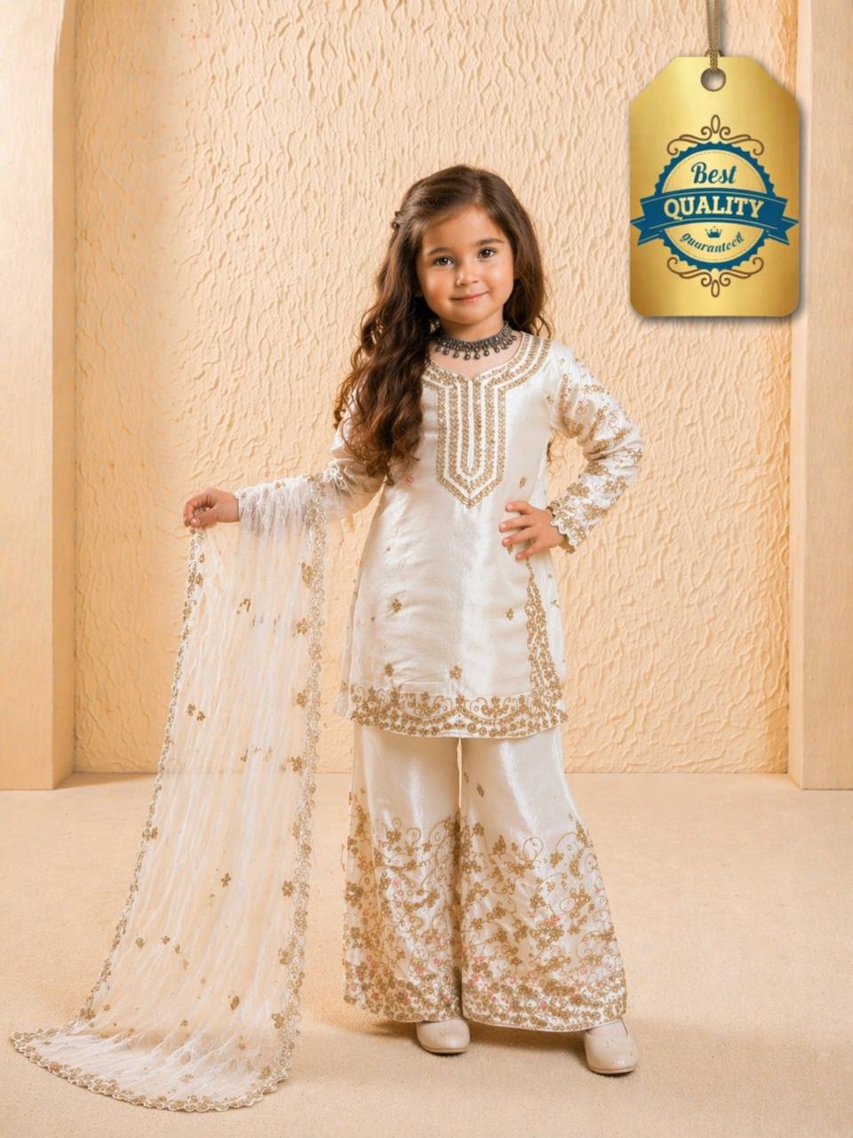 Evanik White Designer Party Wear Heavy Silk Kids Top Sharara & Dupatta Set | Grocsy