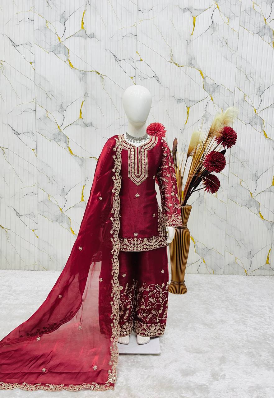 Evanik Maroon Designer Party Wear Heavy Silk Kids Top Sharara & Dupatta Set | Grocsy