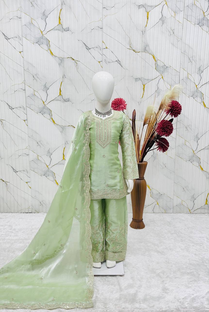 Evanik Green Designer Party Wear Heavy Silk Kids Top Sharara & Dupatta Set | Grocsy