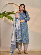 Yufta Rama Green And Blue Floral Sequins Work Straight Plus Size Kurta Trouser Dupatta Set | Grocsy