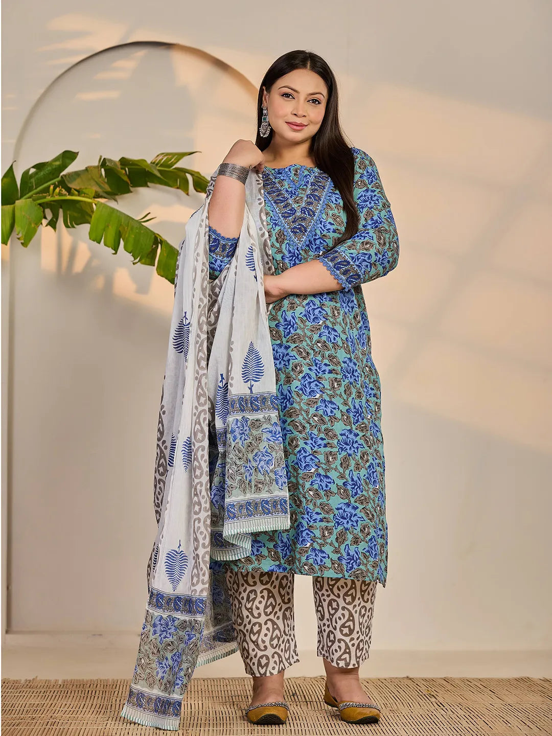 Yufta Rama Green And Blue Floral Sequins Work Straight Plus Size Kurta Trouser Dupatta Set | Grocsy