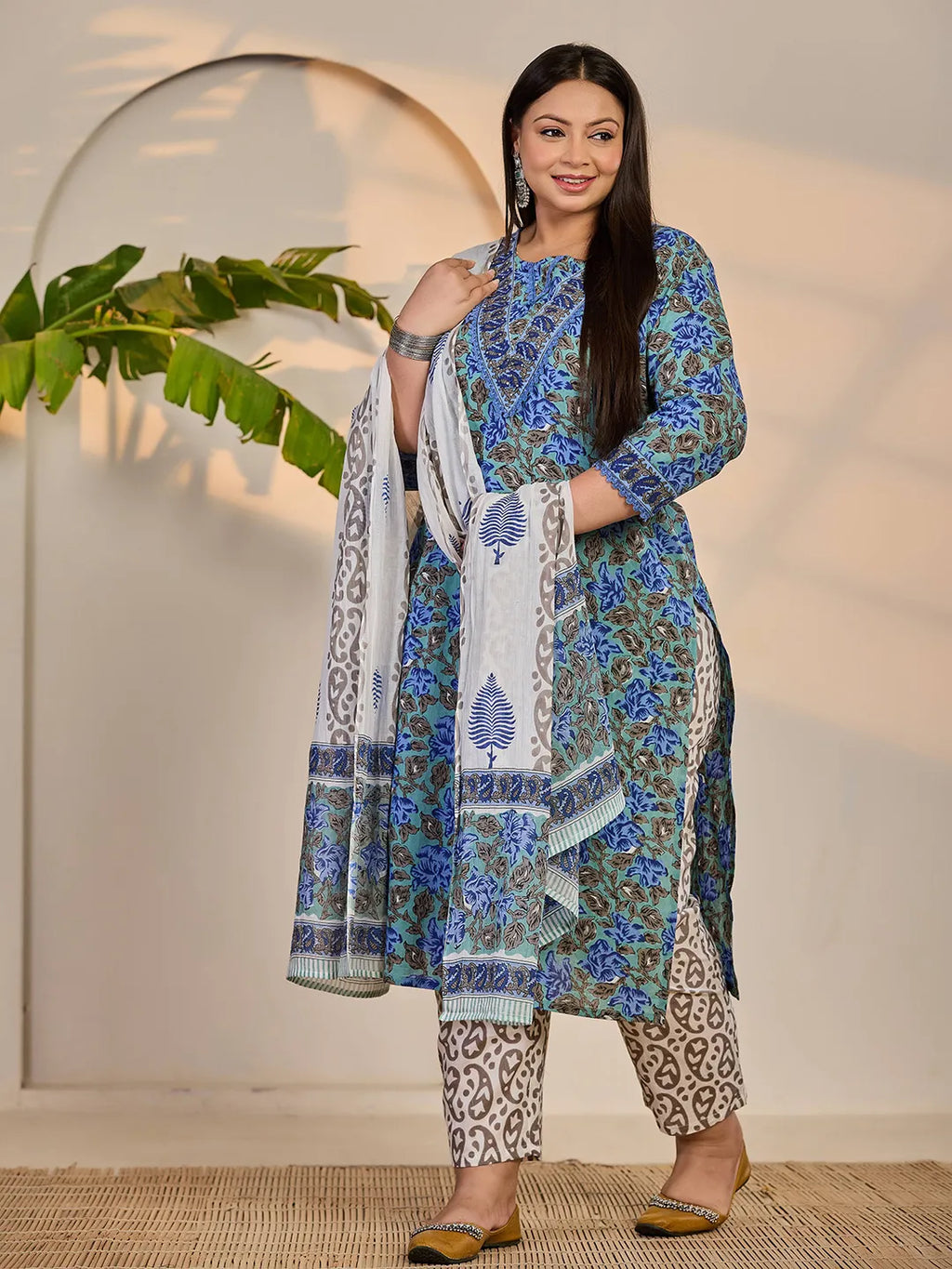 Yufta Rama Green And Blue Floral Sequins Work Straight Plus Size Kurta Trouser Dupatta Set | Grocsy