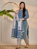 Yufta Rama Green And Blue Floral Sequins Work Straight Plus Size Kurta Trouser Dupatta Set | Grocsy