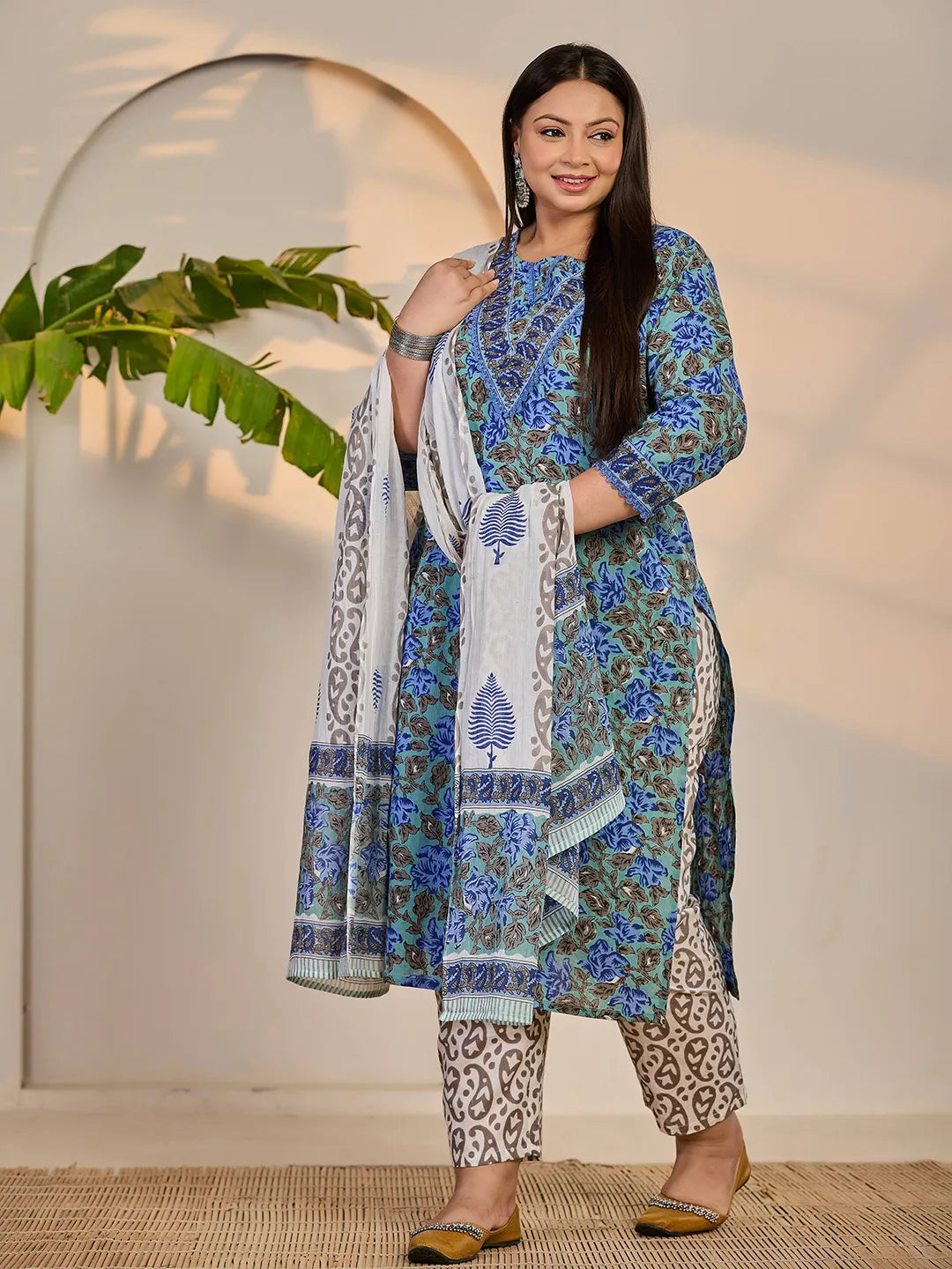 Yufta Rama Green And Blue Floral Sequins Work Straight Plus Size Kurta Trouser Dupatta Set | Grocsy