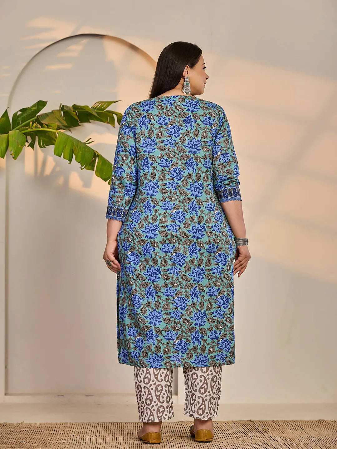 Yufta Rama Green And Blue Floral Sequins Work Straight Plus Size Kurta Trouser Dupatta Set | Grocsy