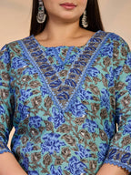 Yufta Rama Green And Blue Floral Sequins Work Straight Plus Size Kurta Trouser Dupatta Set | Grocsy