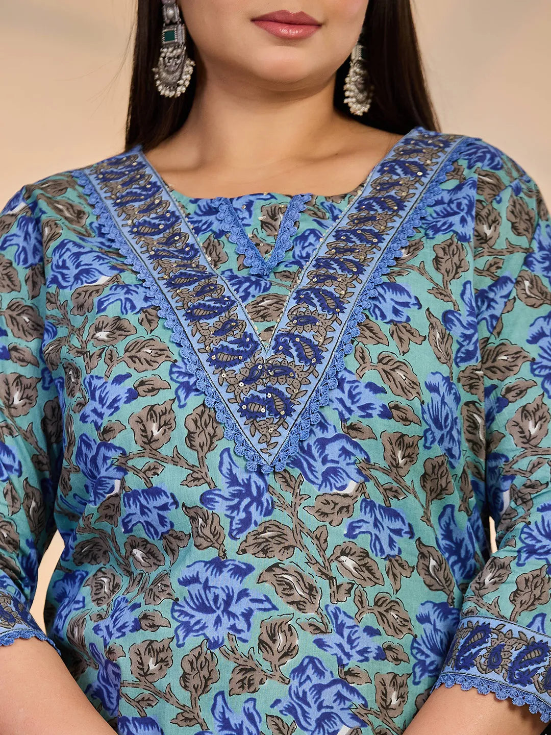 Yufta Rama Green And Blue Floral Sequins Work Straight Plus Size Kurta Trouser Dupatta Set | Grocsy