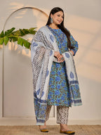 Yufta Rama Green And Blue Floral Sequins Work Straight Plus Size Kurta Trouser Dupatta Set | Grocsy