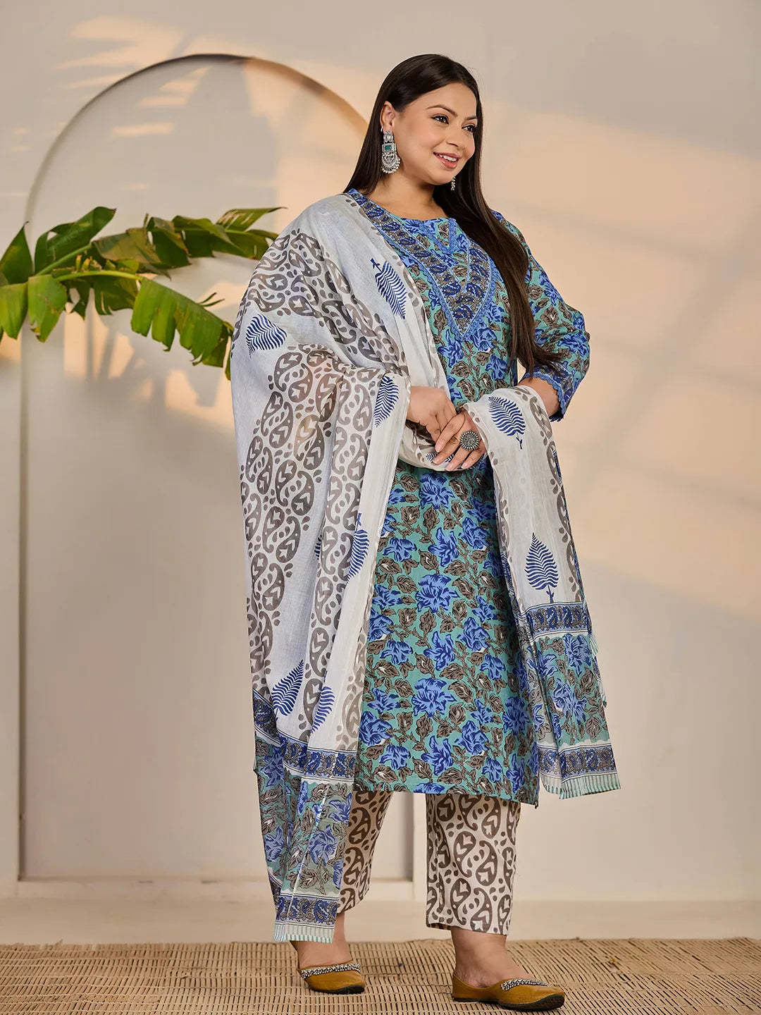 Yufta Rama Green And Blue Floral Sequins Work Straight Plus Size Kurta Trouser Dupatta Set | Grocsy