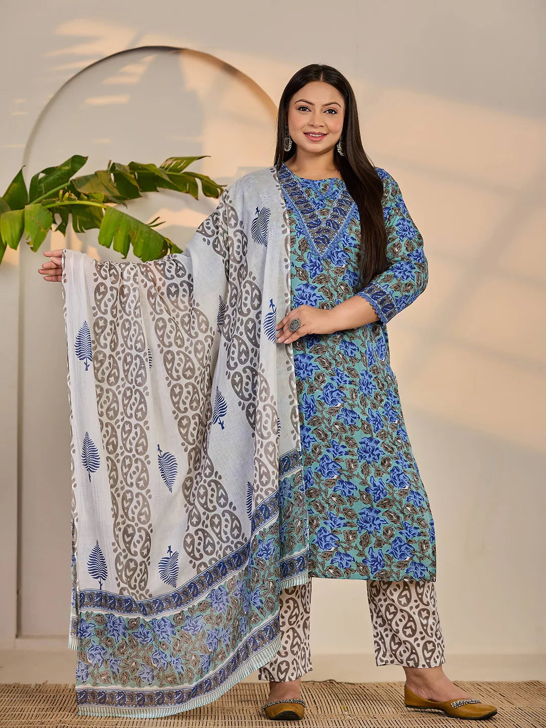 Yufta Rama Green And Blue Floral Sequins Work Straight Plus Size Kurta Trouser Dupatta Set | Grocsy