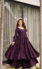 Yash Enterprise Wine Roman Silk Embroidery Party Wear Suit Set | Grocsy