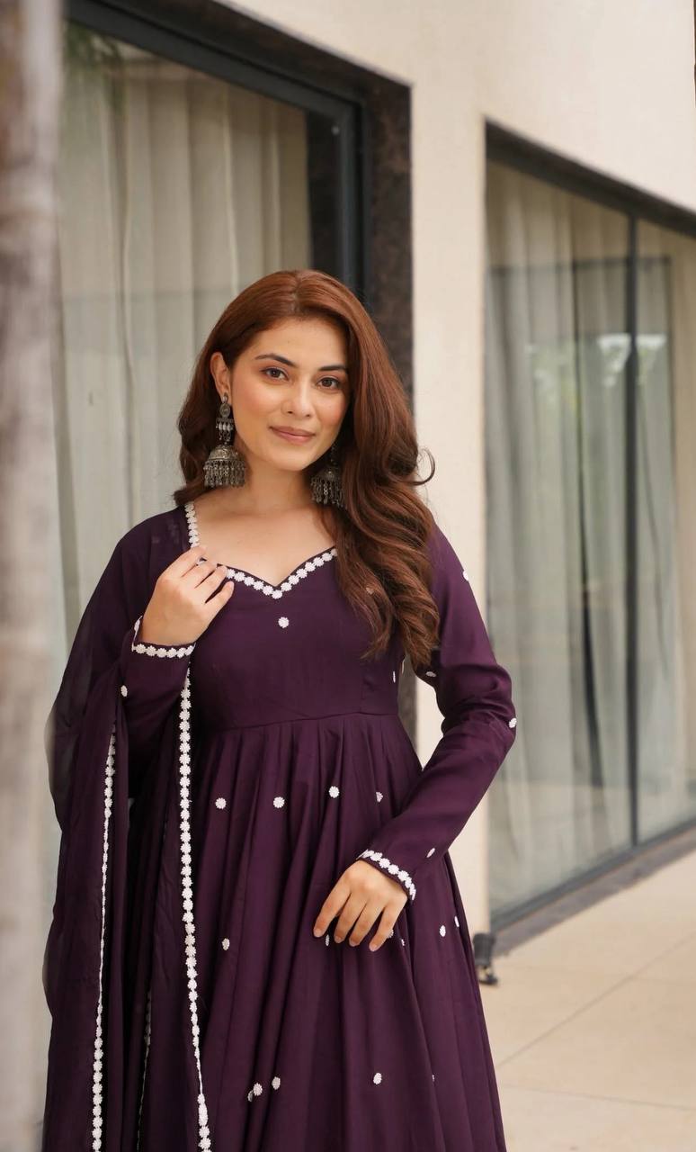 Yash Enterprise Wine Roman Silk Embroidery Party Wear Suit Set | Grocsy