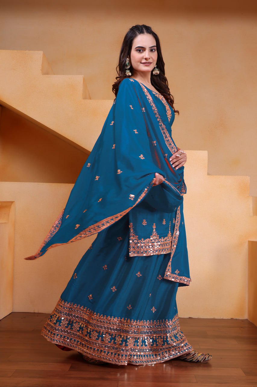 Yash Enterprise Rama Green Chinon Silk Embroidery Party Wear Suit Set | Grocsy