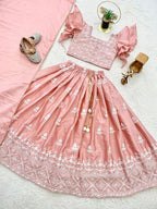 Evanik Peach Chinon Silk Frill Sleeve Design Lehenga Set for Kids | Grocsy