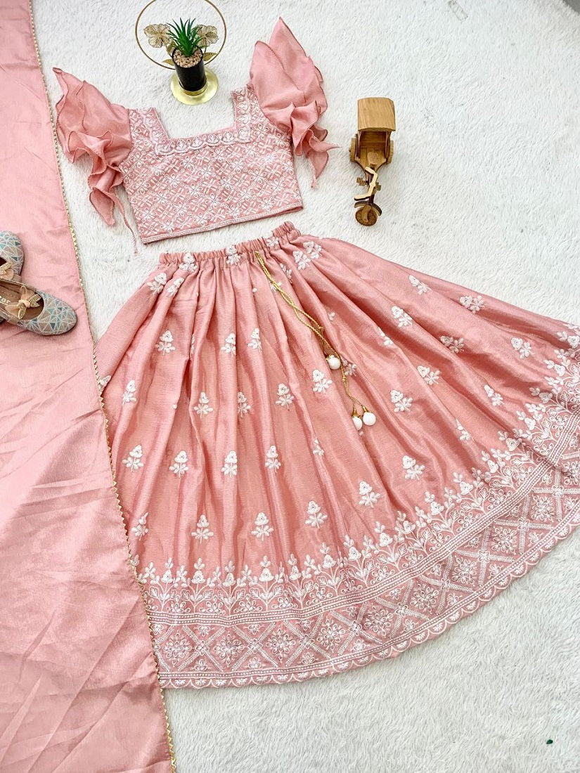 Evanik Peach Chinon Silk Frill Sleeve Design Lehenga Set for Kids | Grocsy