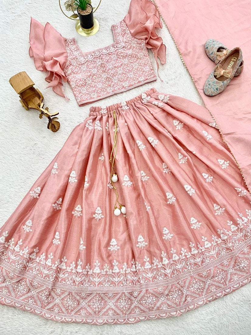Evanik Peach Chinon Silk Frill Sleeve Design Lehenga Set for Kids | Grocsy