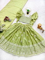 Evanik Parrot Green Chinon Silk Frill Sleeve Design Lehenga Set for Kids | Grocsy