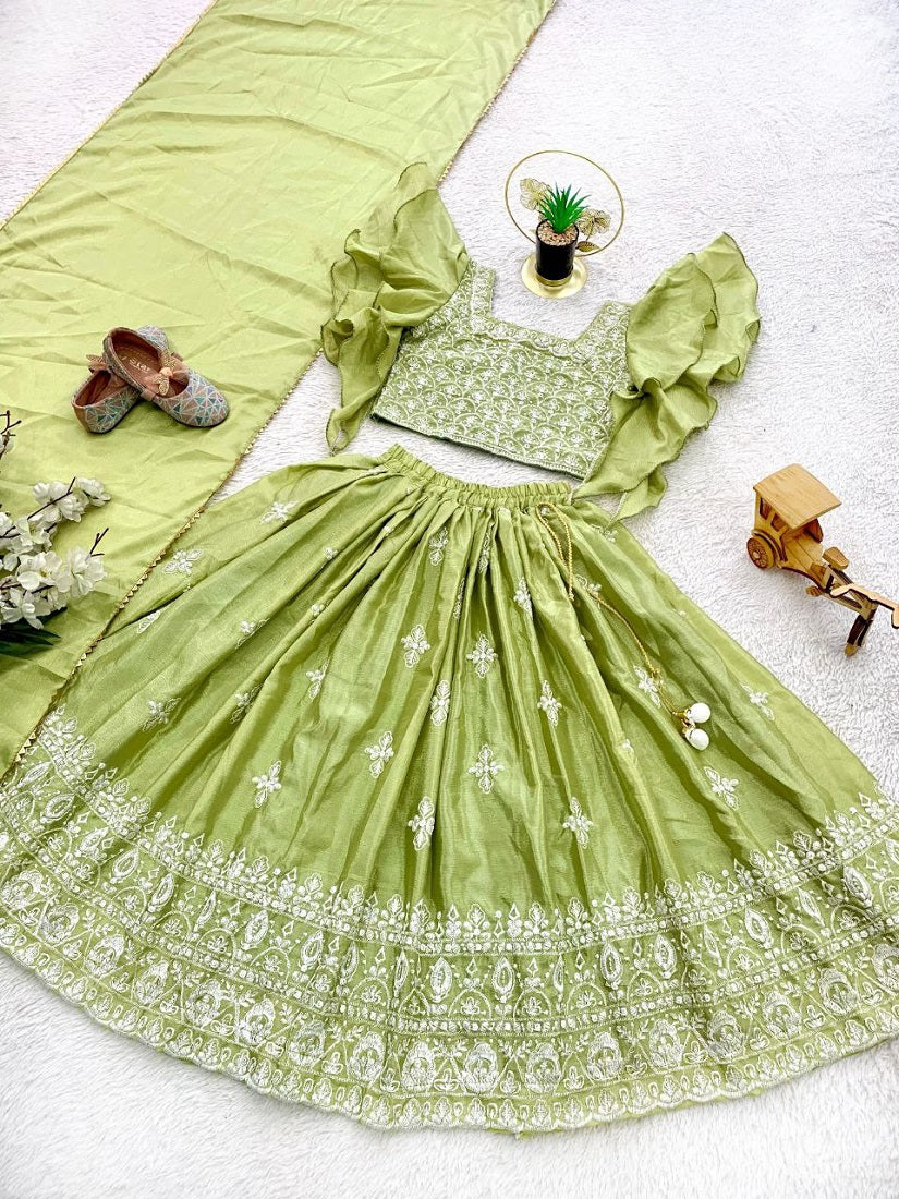 Evanik Parrot Green Chinon Silk Frill Sleeve Design Lehenga Set for Kids | Grocsy