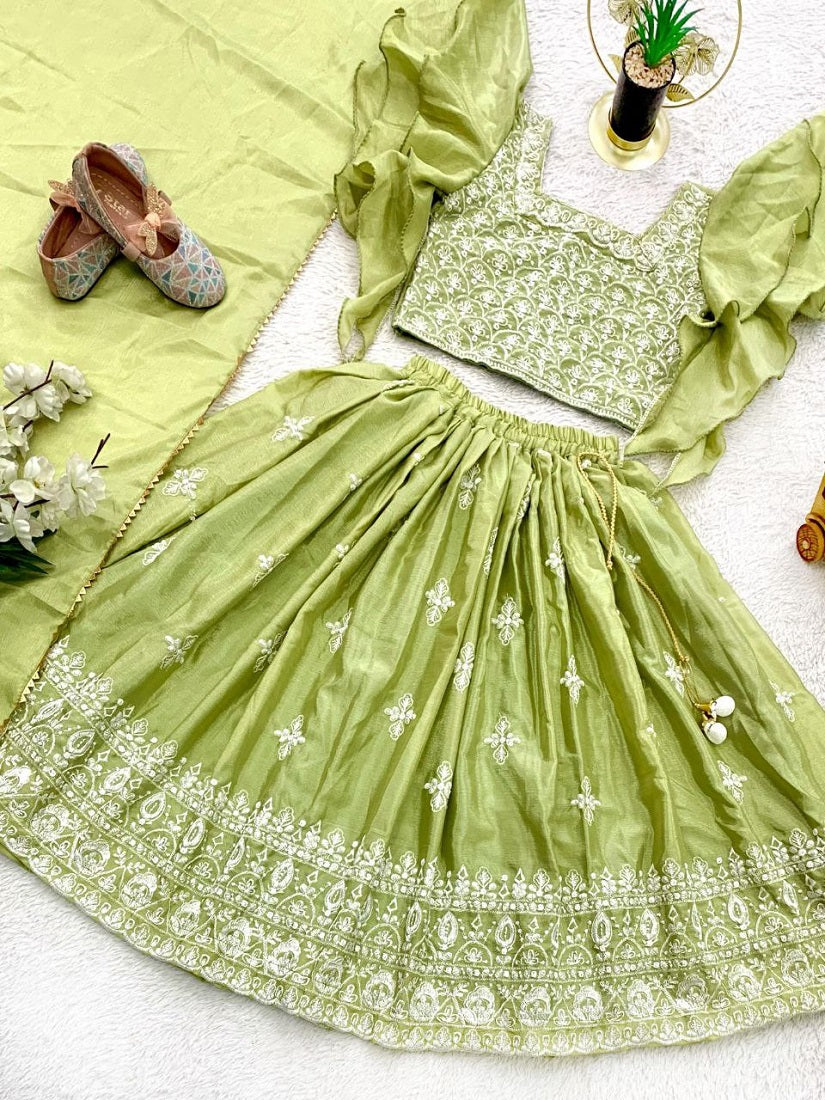 Evanik Parrot Green Chinon Silk Frill Sleeve Design Lehenga Set for Kids | Grocsy