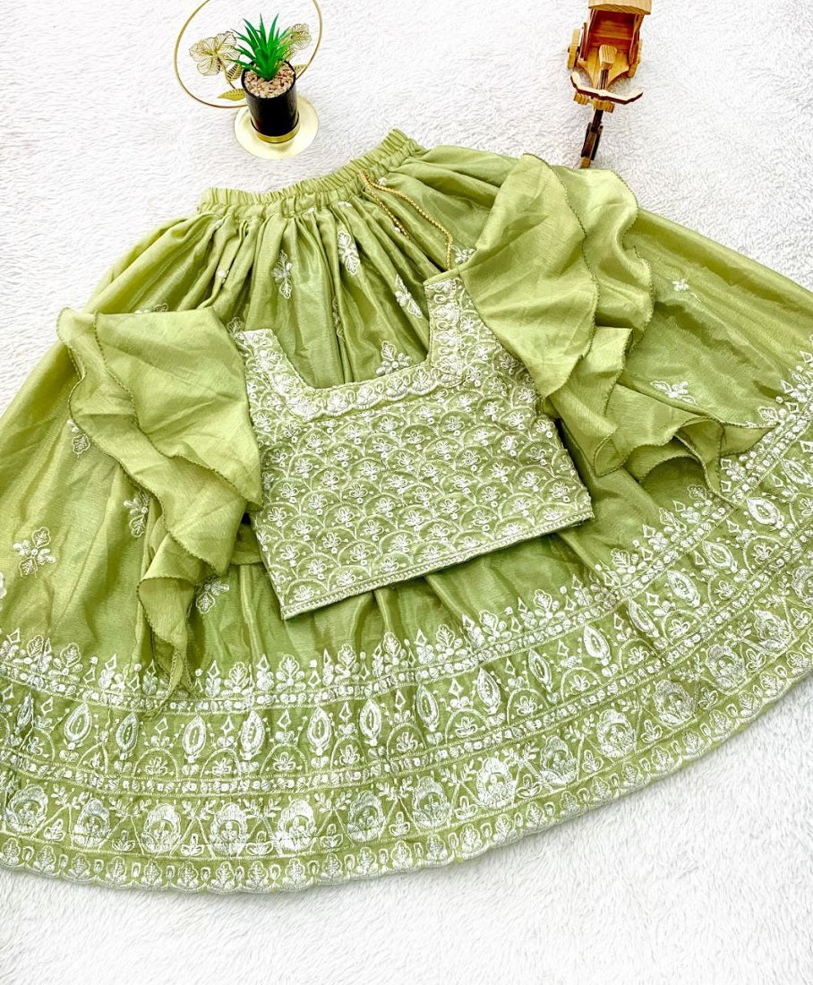 Evanik Parrot Green Chinon Silk Frill Sleeve Design Lehenga Set for Kids | Grocsy