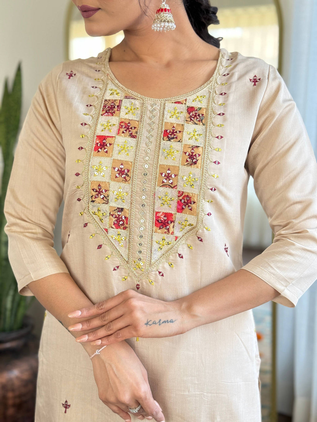 The52 Embroidered Rayon Fabric Straight Kurta, Pant and Dupatta Set | Grocsy