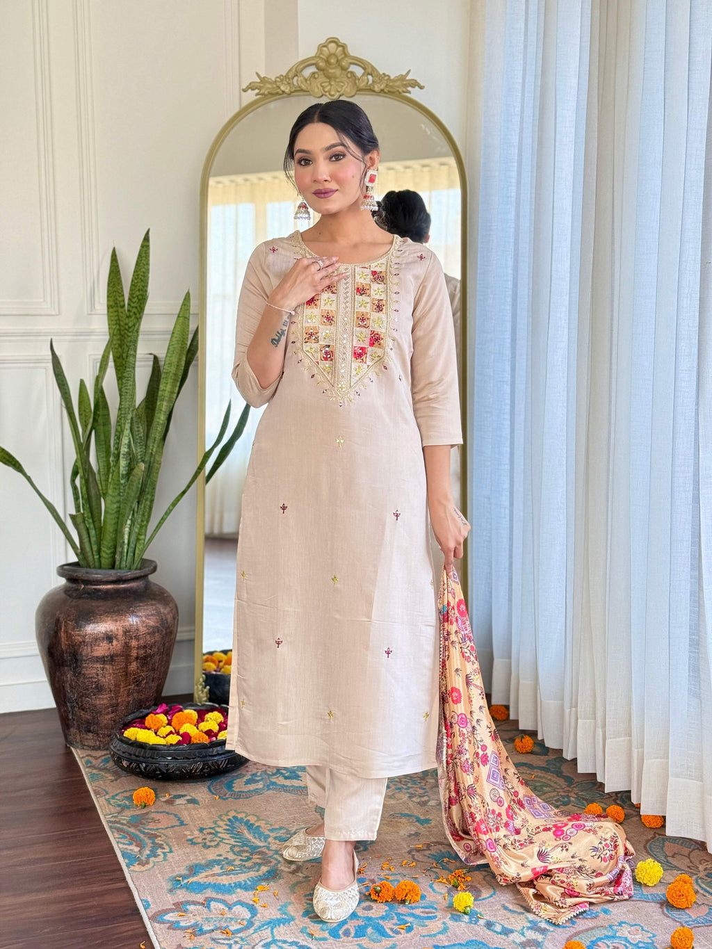 The52 Embroidered Rayon Fabric Straight Kurta, Pant and Dupatta Set | Grocsy