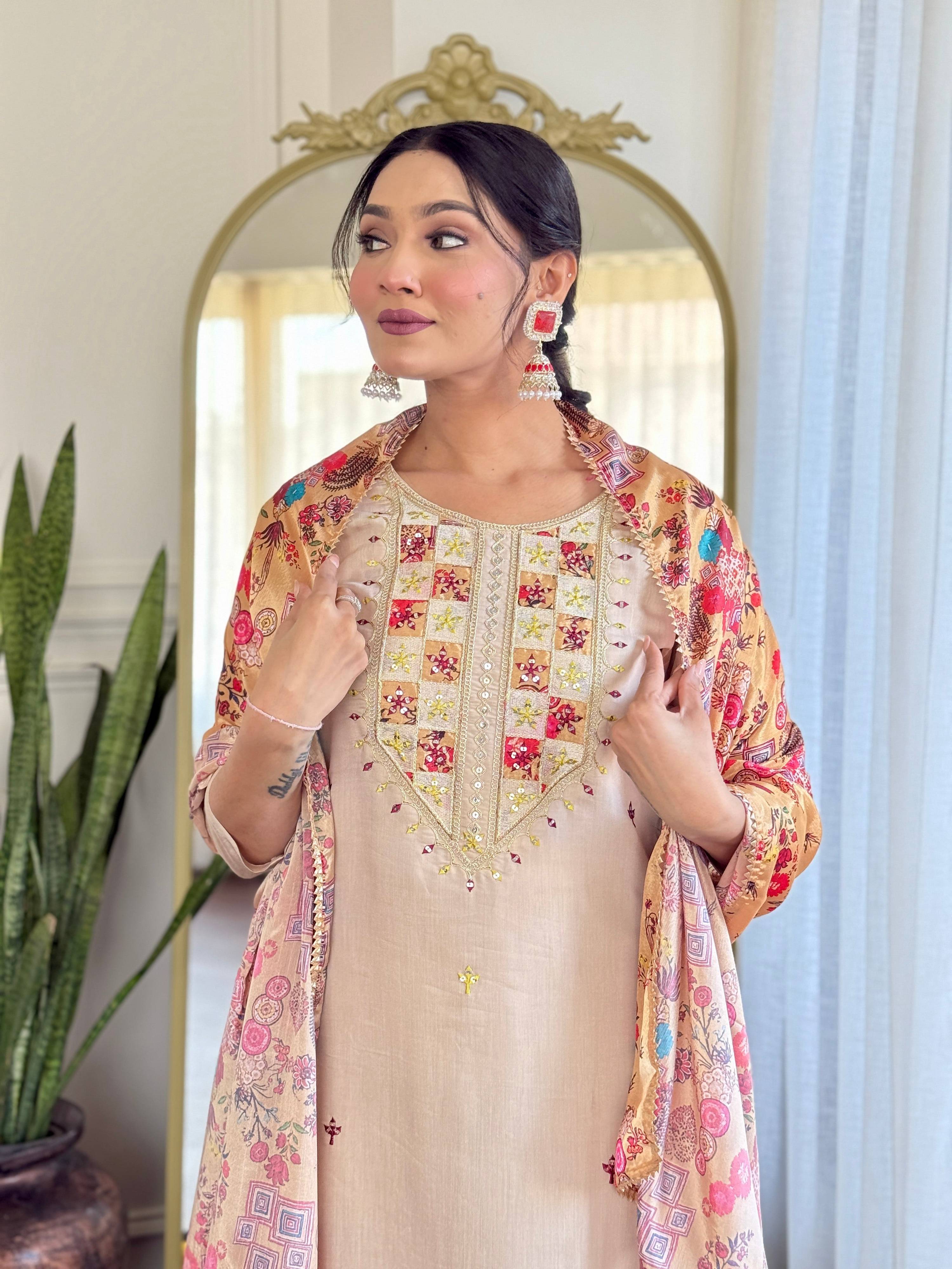 The52 Embroidered Rayon Fabric Straight Kurta, Pant and Dupatta Set | Grocsy