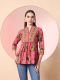 Yufta Pink Pure Cotton Gathered Or Pleated Top | Grocsy