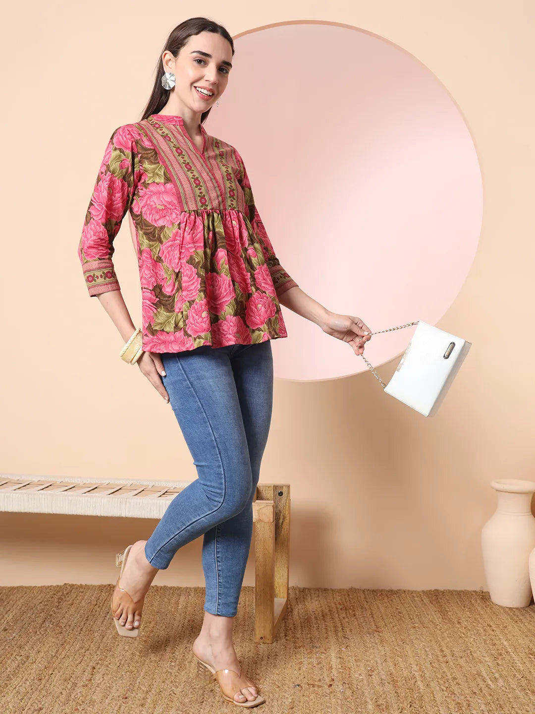 Yufta Pink Pure Cotton Gathered Or Pleated Top | Grocsy