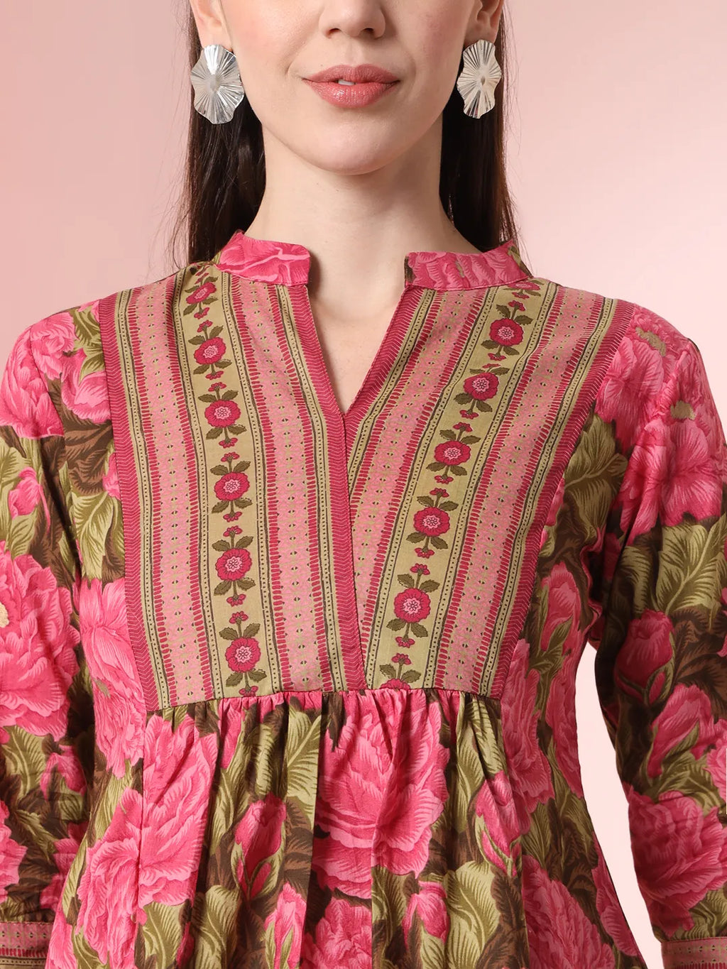 Yufta Pink Pure Cotton Gathered Or Pleated Top | Grocsy