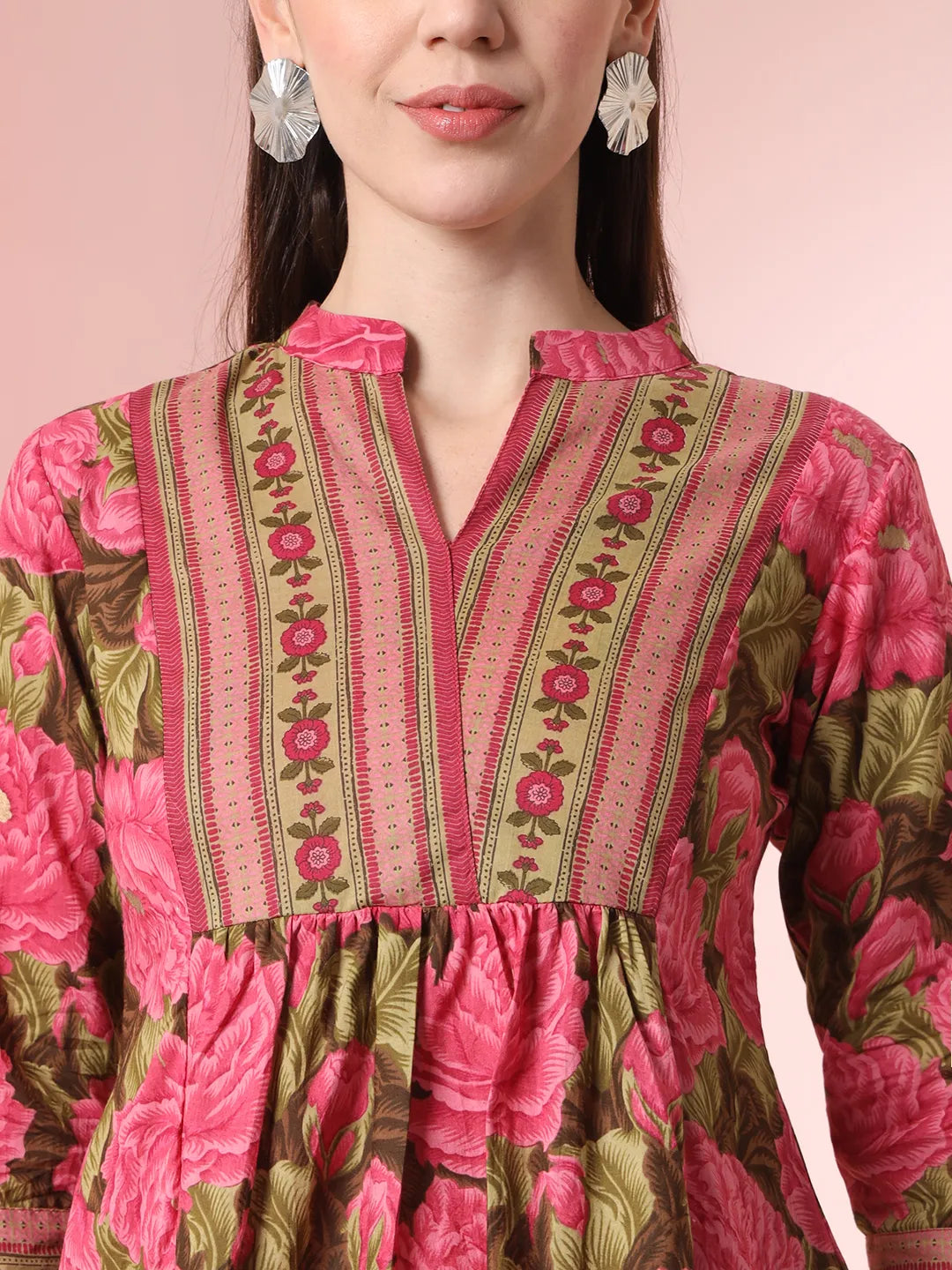 Yufta Pink Pure Cotton Gathered Or Pleated Top | Grocsy
