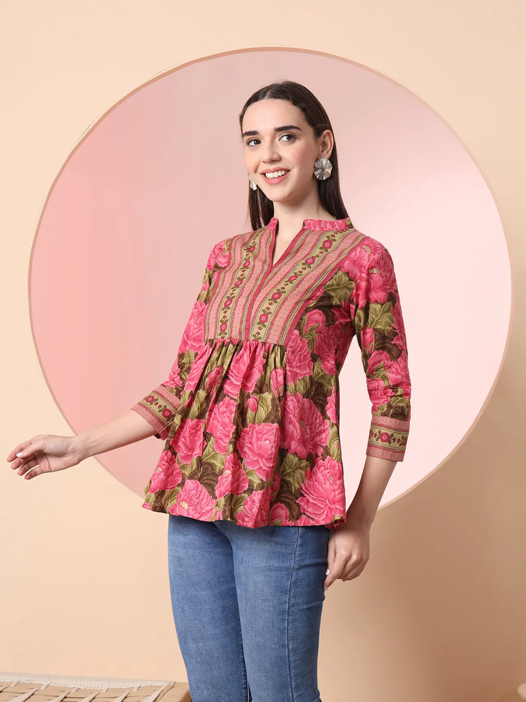 Yufta Pink Pure Cotton Gathered Or Pleated Top | Grocsy
