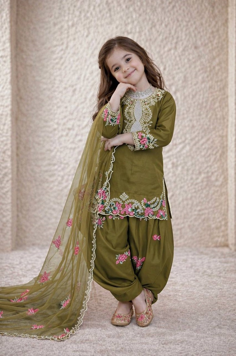 Evanik Green Designer Party Wear Heavy Natural Crepe Kids Patiala Set | Grocsy