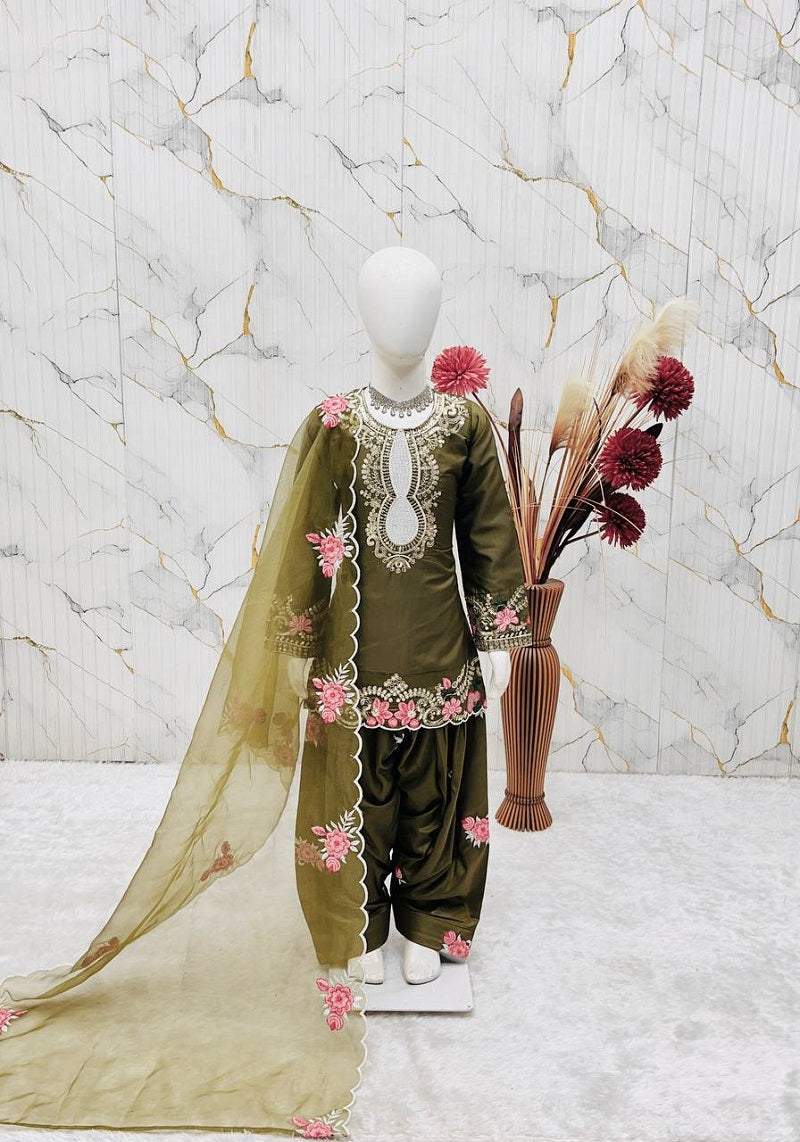 Evanik Green Designer Party Wear Heavy Natural Crepe Kids Patiala Set | Grocsy