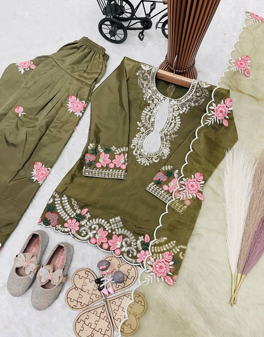 Evanik Green Designer Party Wear Heavy Natural Crepe Kids Patiala Set | Grocsy