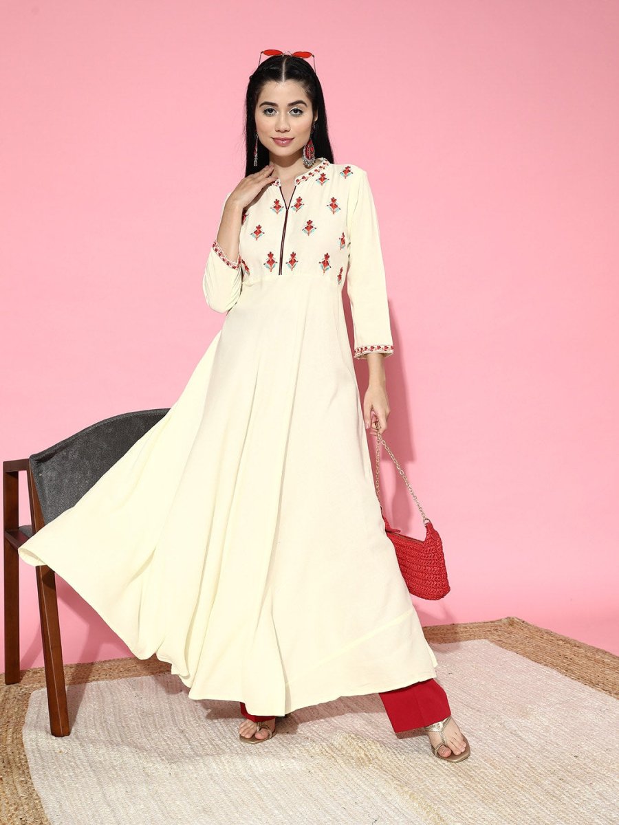 All About You Women Grey Ethnic Motifs Embroidered Tiering Anarkali Kurta | Grocsy