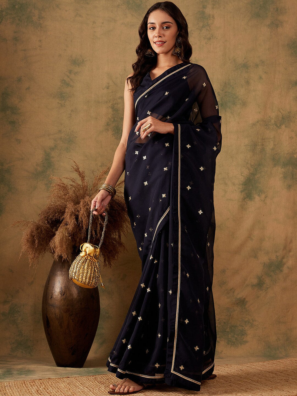 Sangria Floral Sequin Embroidered Organza Sarees | Grocsy