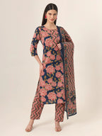 Yufta Blue Pure Cotton Straight Kurta Pants Dupatta Set | Grocsy