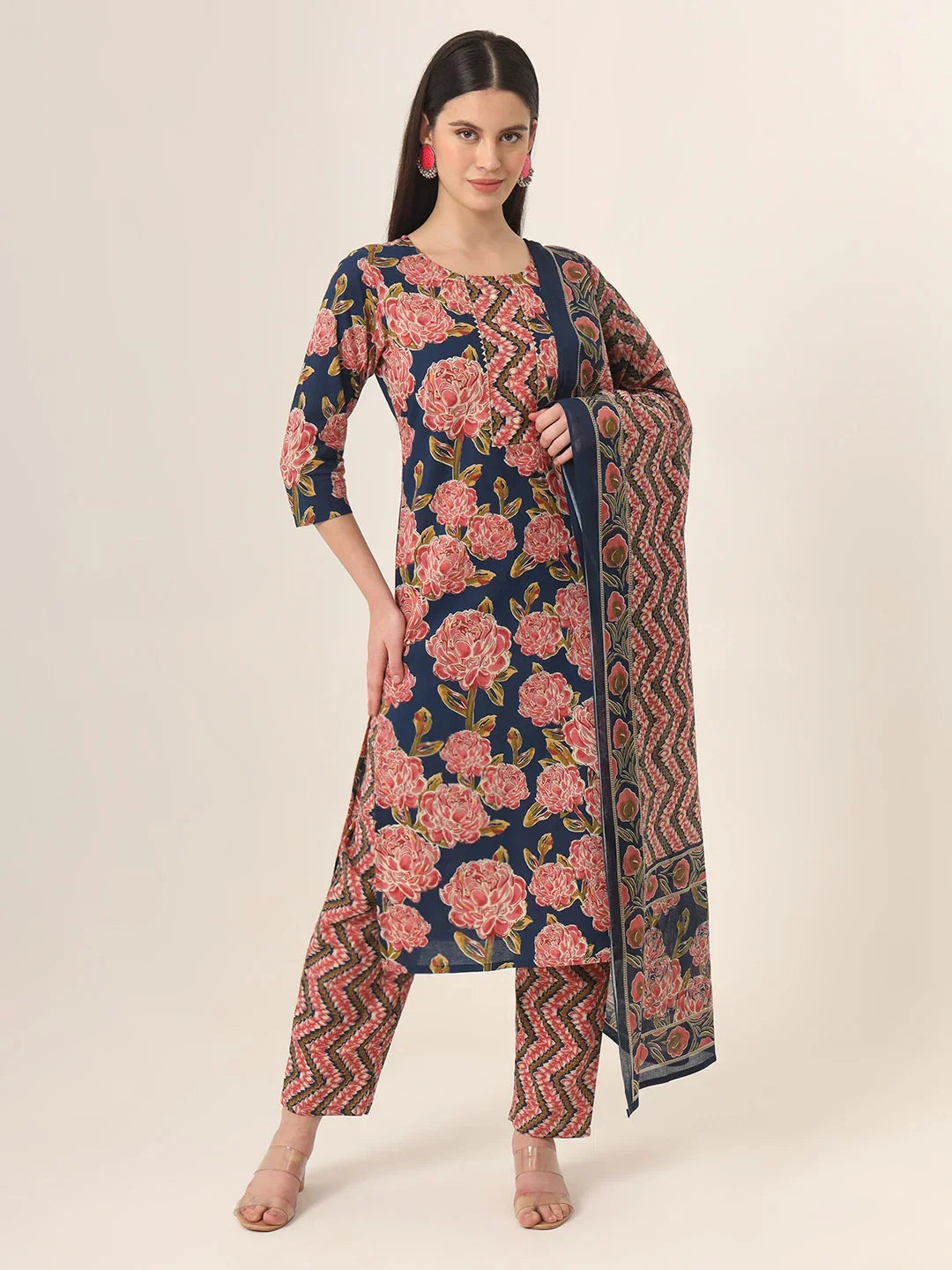 Yufta Blue Pure Cotton Straight Kurta Pants Dupatta Set | Grocsy