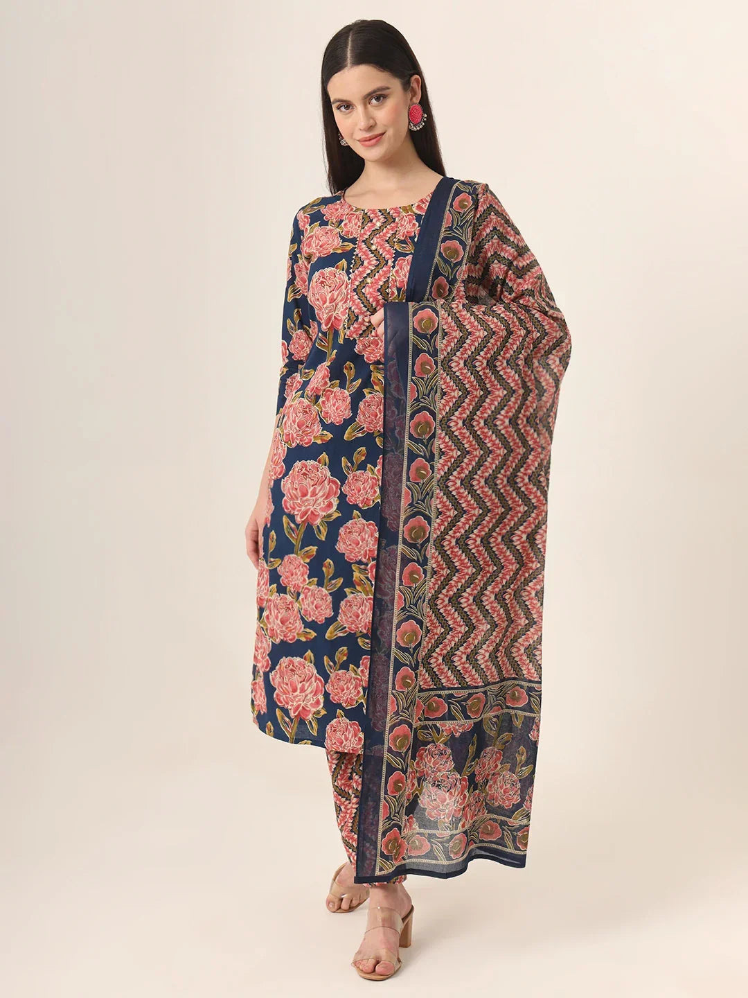 Yufta Blue Pure Cotton Straight Kurta Pants Dupatta Set | Grocsy