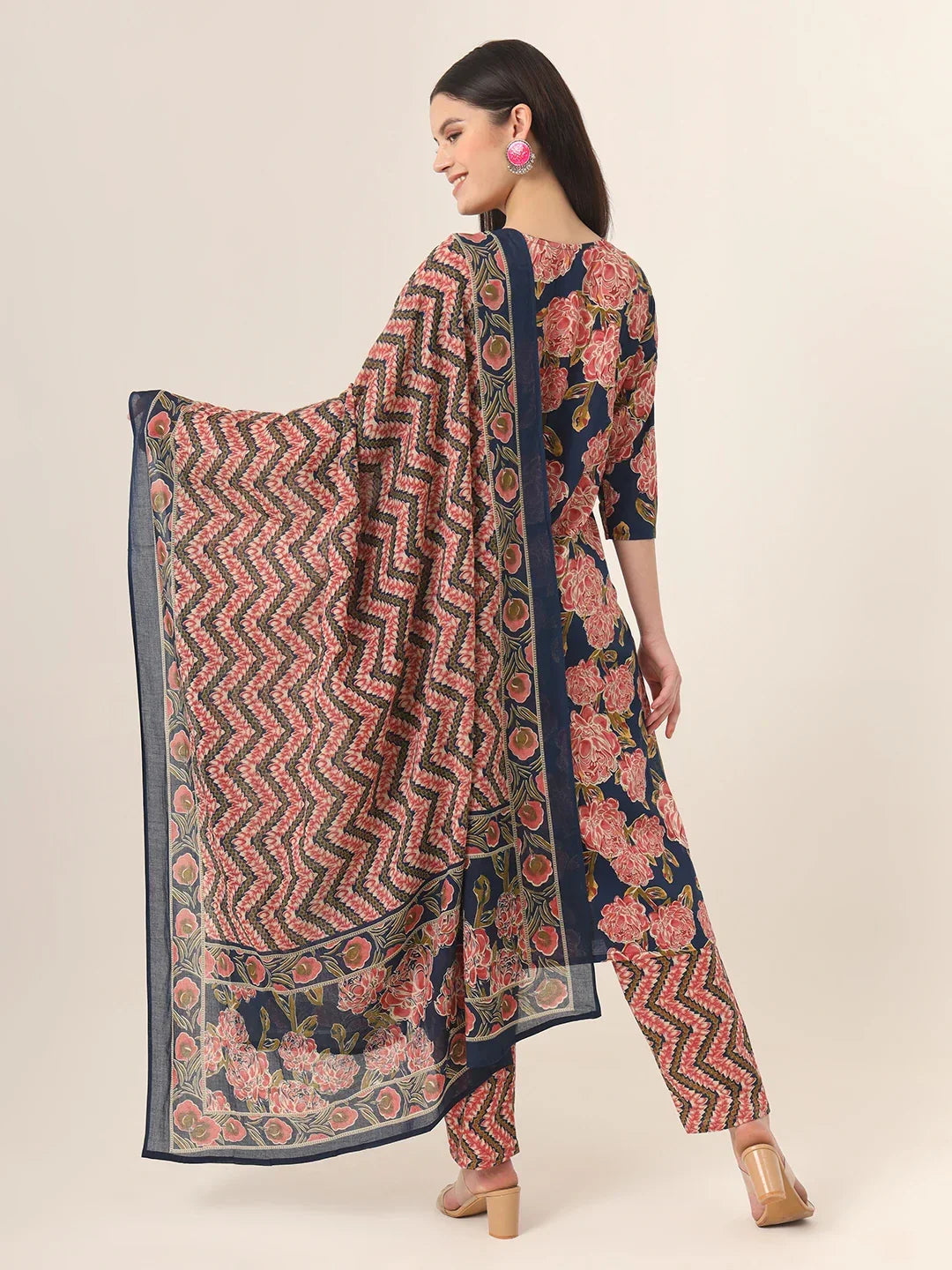 Yufta Blue Pure Cotton Straight Kurta Pants Dupatta Set | Grocsy