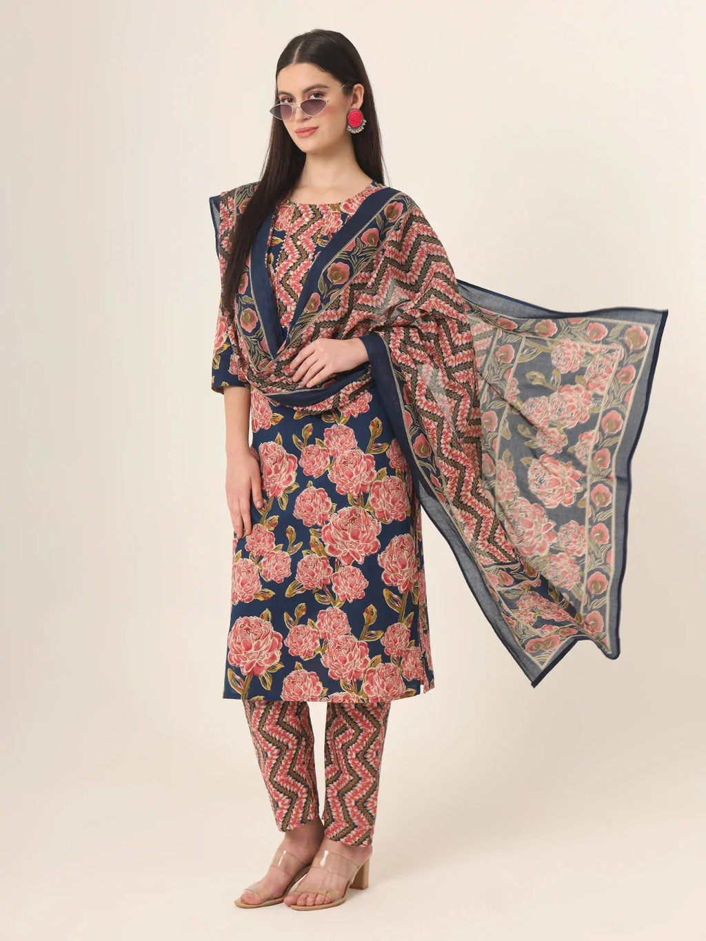 Yufta Blue Pure Cotton Straight Kurta Pants Dupatta Set | Grocsy