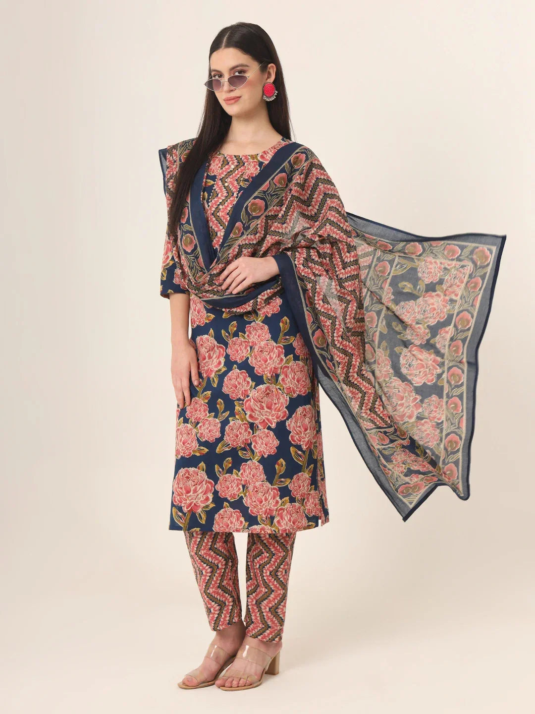 Yufta Blue Pure Cotton Straight Kurta Pants Dupatta Set | Grocsy