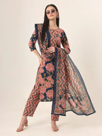 Yufta Blue Pure Cotton Straight Kurta Pants Dupatta Set | Grocsy