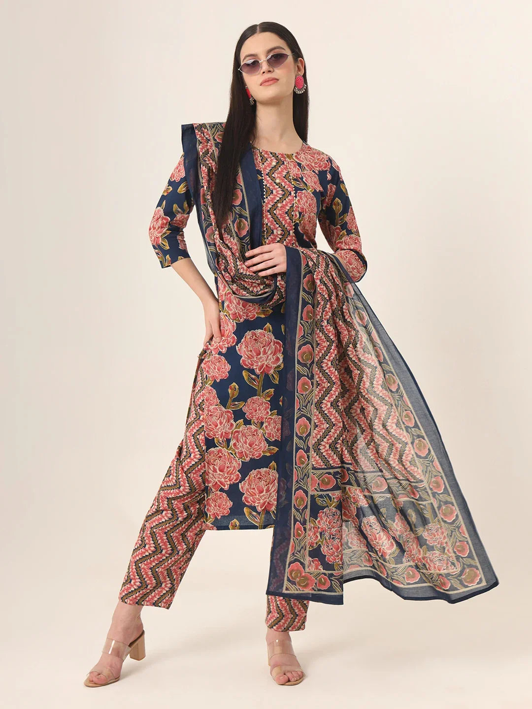 Yufta Blue Pure Cotton Straight Kurta Pants Dupatta Set | Grocsy