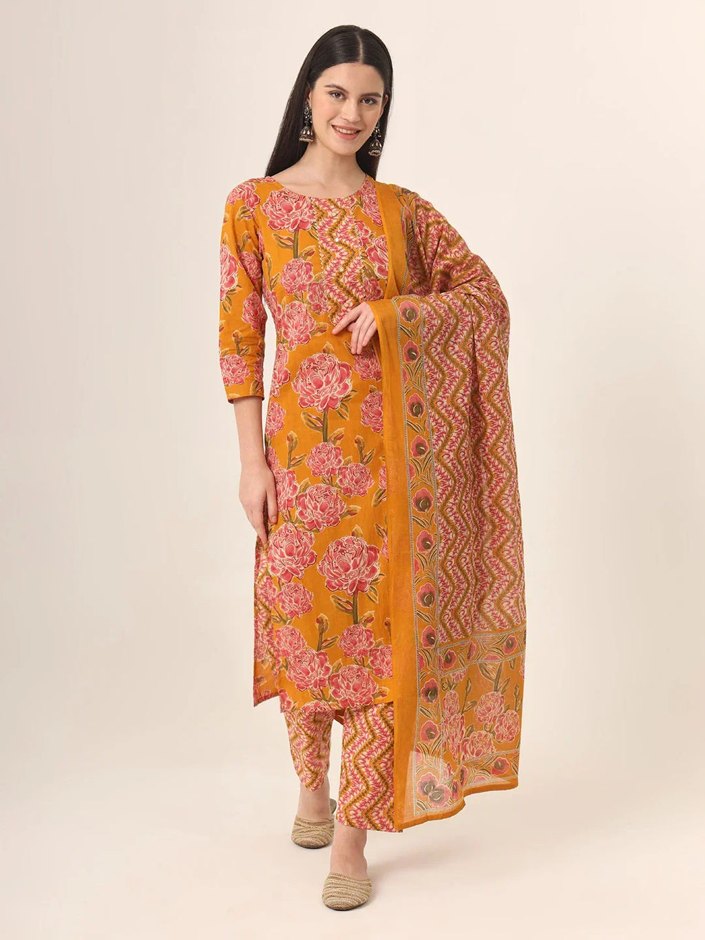 Yufta Mustard Pure Cotton Straight Kurta Pants Dupatta Set | Grocsy