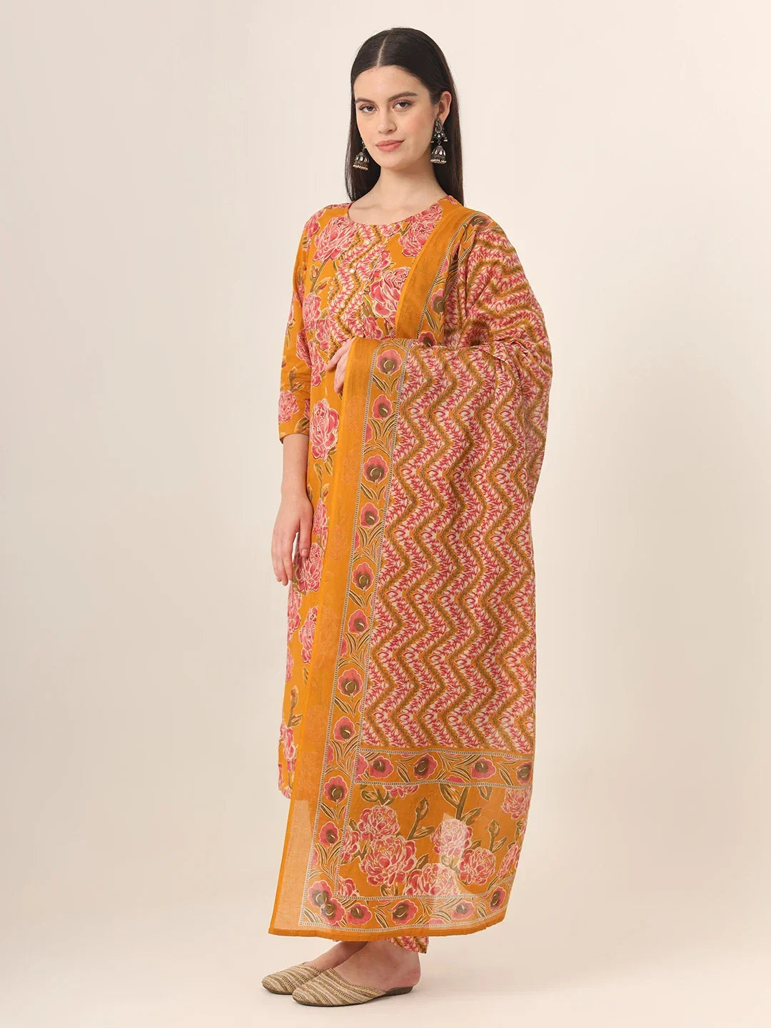 Yufta Mustard Pure Cotton Straight Kurta Pants Dupatta Set | Grocsy