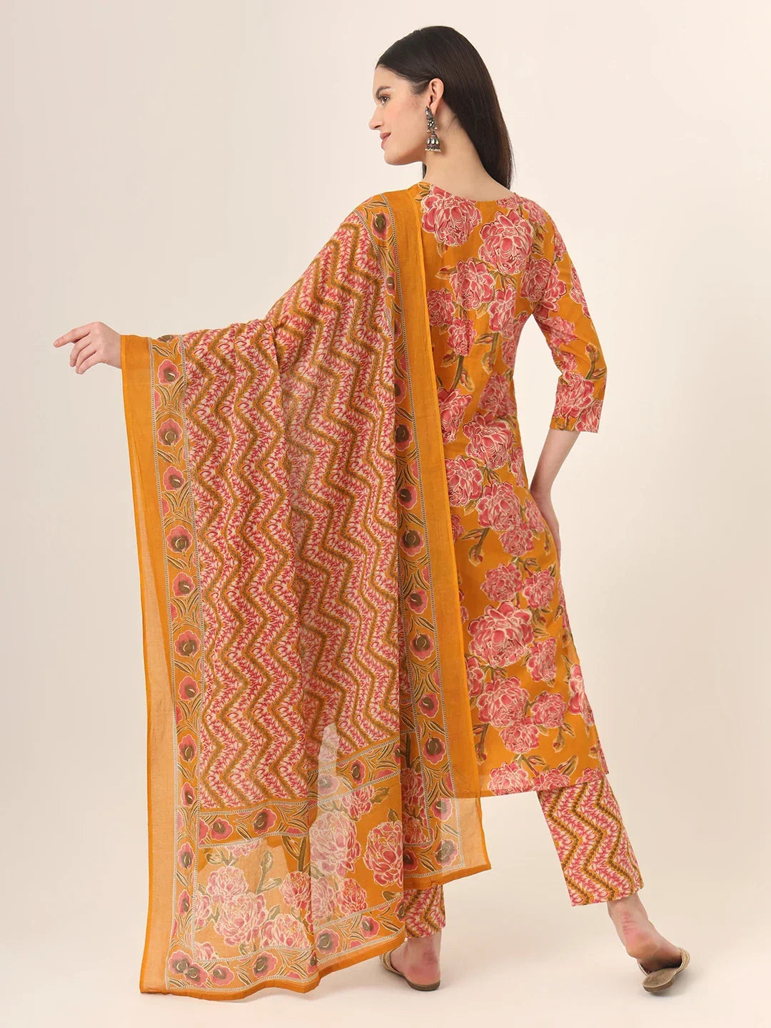 Yufta Mustard Pure Cotton Straight Kurta Pants Dupatta Set | Grocsy