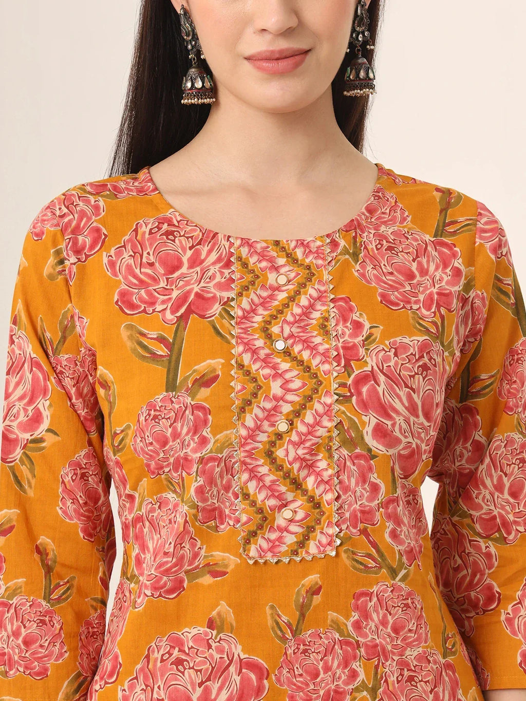 Yufta Mustard Pure Cotton Straight Kurta Pants Dupatta Set | Grocsy